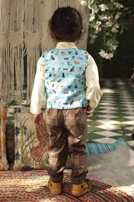 Shop_Fayon Kids_Cream , Satin, Polyester Animal Print Waistcoat And Pant Set_at_Aza_Fashions