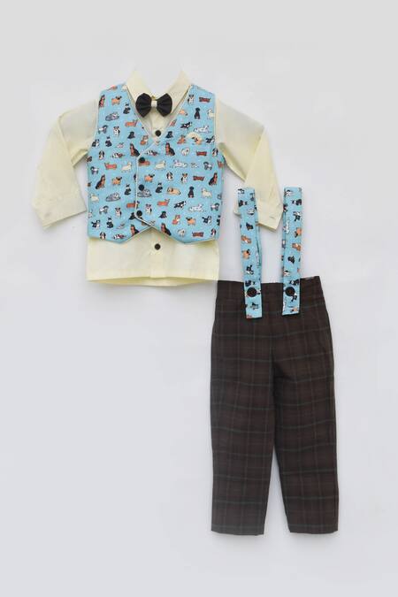 Fayon Kids_Cream , Satin, Polyester Animal Print Waistcoat And Pant Set_Online_at_Aza_Fashions