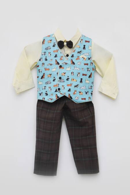 Buy_Fayon Kids_Cream , Satin, Polyester Animal Print Waistcoat And Pant Set_Online_at_Aza_Fashions