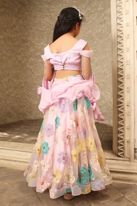 Shop_Fayon Kids_Purple Net, Georgette Sequins, Embroidery Flower Lehenga Set _at_Aza_Fashions