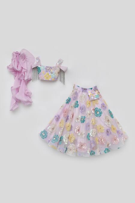 Fayon Kids_Purple Net, Georgette Sequins, Embroidery Flower Lehenga Set _Online_at_Aza_Fashions