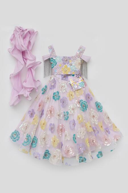 Buy_Fayon Kids_Purple Net, Georgette Sequins, Embroidery Flower Lehenga Set _Online_at_Aza_Fashions