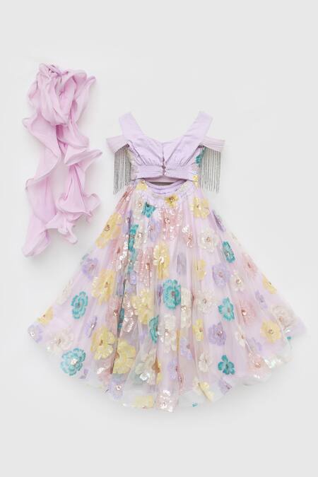 Shop_Fayon Kids_Purple Net, Georgette Sequins, Embroidery Flower Lehenga Set _Online_at_Aza_Fashions