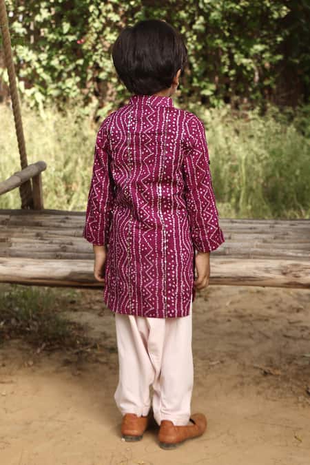 Fayon Kids_Purple Cotton, Crepe Mirrors Printed Kurta And Salwar Set _Online_at_Aza_Fashions