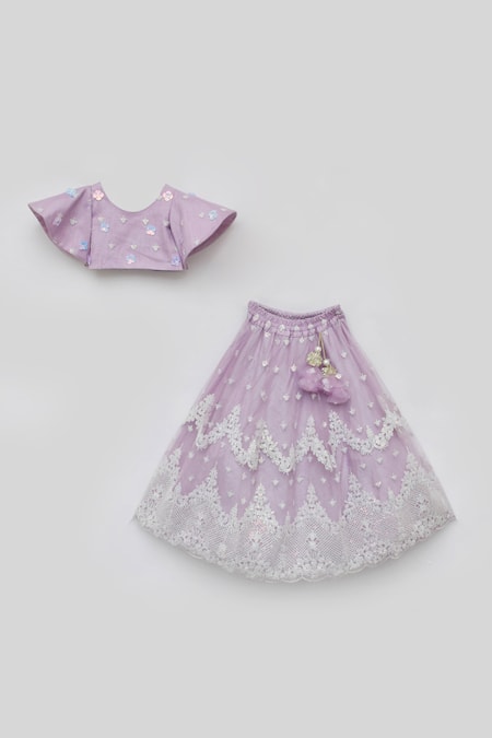 Buy_Fayon Kids_Purple Net Embroidery, Tassels Crop Top And Lehenga Set _Online_at_Aza_Fashions