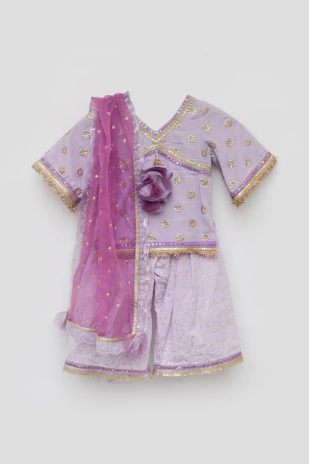 Shop_Fayon Kids_Purple Cotton, Organza Tassels, Sequins, Embroidery Floral Kurta Sharara Set _at_Aza_Fashions
