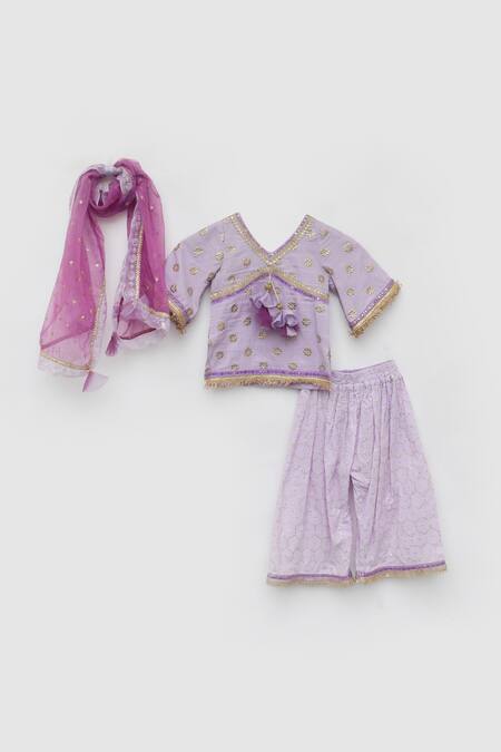 Fayon Kids_Purple Cotton, Organza Tassels, Sequins, Embroidery Floral Kurta Sharara Set _Online_at_Aza_Fashions
