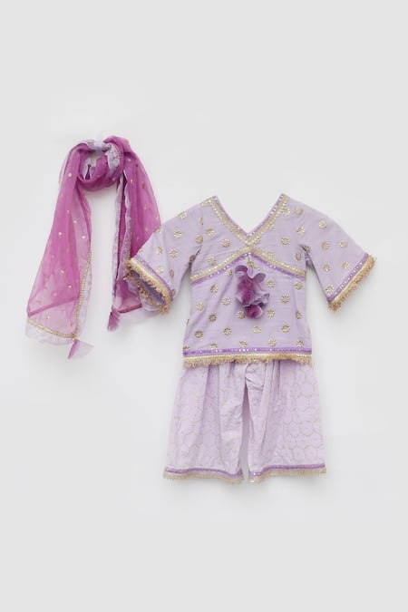 Buy_Fayon Kids_Purple Cotton, Organza Tassels, Sequins, Embroidery Floral Kurta Sharara Set _Online_at_Aza_Fashions