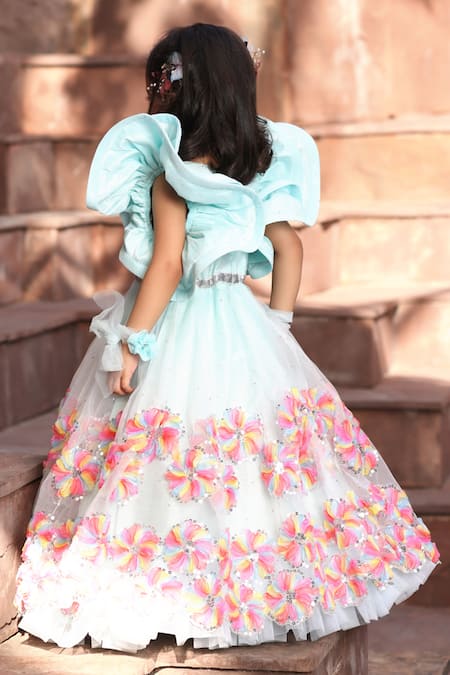 Fayon Kids_Blue Organza Sequins, Embroidery 3d Gown _Online_at_Aza_Fashions