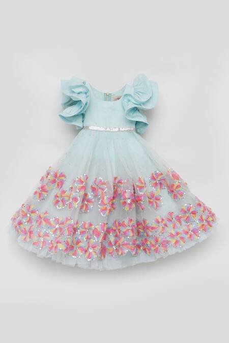 Buy_Fayon Kids_Blue Organza Sequins, Embroidery 3d Gown _Online_at_Aza_Fashions
