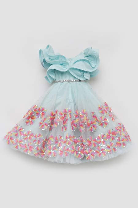 Shop_Fayon Kids_Blue Organza Sequins, Embroidery 3d Gown _Online_at_Aza_Fashions
