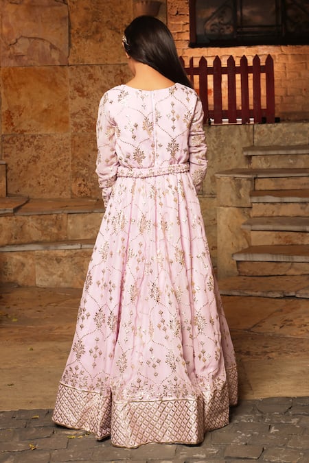 Fayon Kids_Purple Georgette Embroidery 3d Foil Print Anarkali _Online_at_Aza_Fashions
