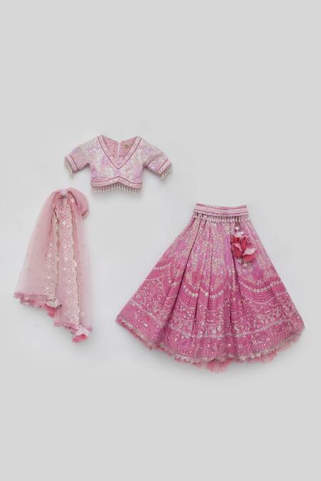 Buy_Fayon Kids_Pink Net, Lace Sequins, Tassels Embroidered Lehenga Set _Online_at_Aza_Fashions