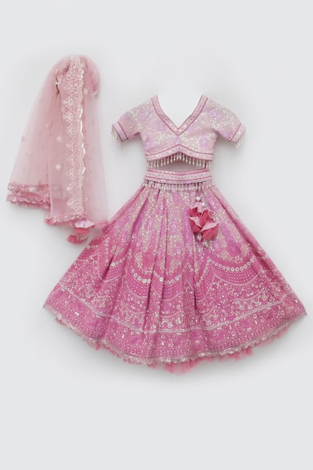 Shop_Fayon Kids_Pink Net, Lace Sequins, Tassels Embroidered Lehenga Set _Online_at_Aza_Fashions