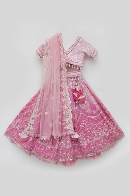 Fayon Kids_Pink Net, Lace Sequins, Tassels Embroidered Lehenga Set _at_Aza_Fashions