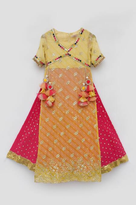 Buy_Fayon Kids_Yellow Georgette Tassels Sequin Embroidered Kurta And Skirt Set _Online_at_Aza_Fashions