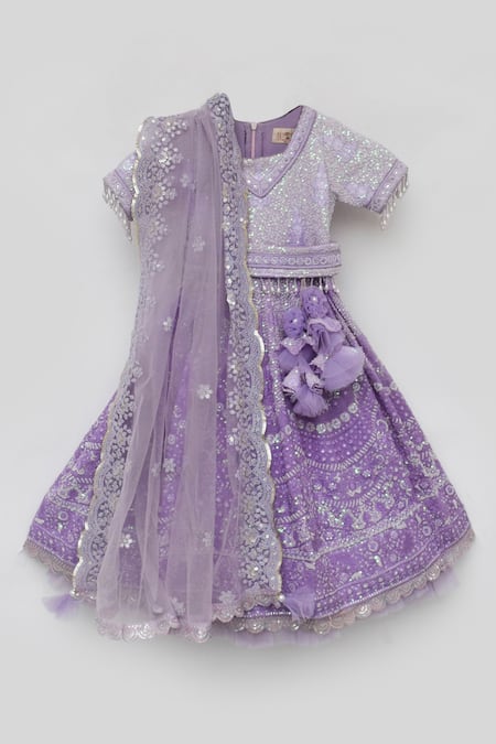 Fayon Kids_Purple Net, Lace Sequins, Embroidery Lehenga Set _Online_at_Aza_Fashions