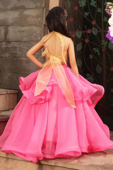 Fayon Kids_Pink Net, Organza Cut Work, Stones, Feathers, Embroidery Top And Ruffled Skirt Set _Online_at_Aza_Fashions