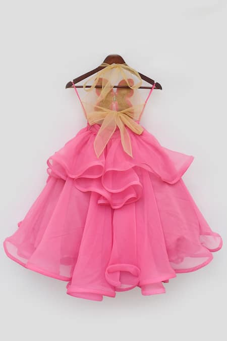 Shop_Fayon Kids_Pink Net, Organza Cut Work, Stones, Feathers, Embroidery Top And Ruffled Skirt Set _Online_at_Aza_Fashions
