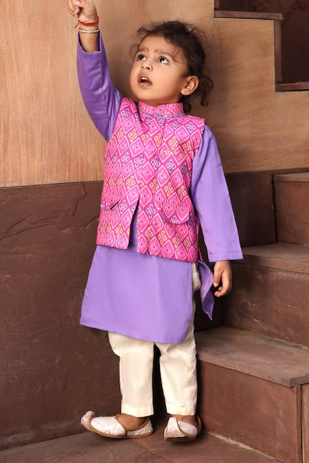 Buy Green Nehru Jacket And Peach Kurta Set In Cotton With Floral Print By  Fayon Kids
