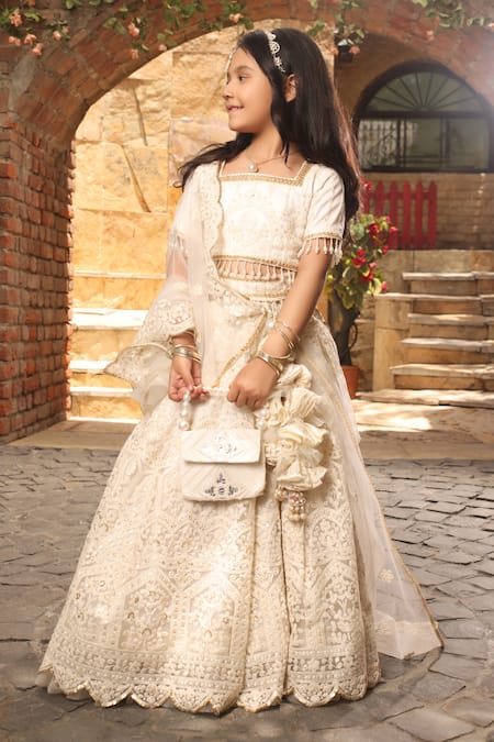 Buy Green Velvet And Organza Embroidery Sequin Crinkled Lehenga Set For  Girls by FAYON KIDS Online at Aza Fashions.