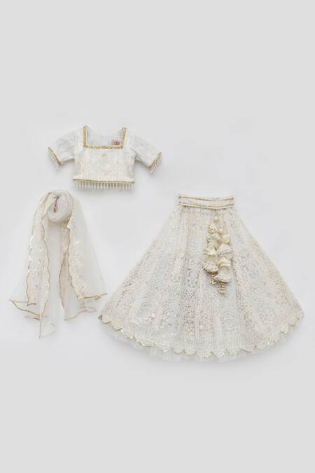 Buy_Fayon Kids_Off White Net, Chanderi Embroidery, Sequins, Beads Floral Lehenga Set _Online_at_Aza_Fashions
