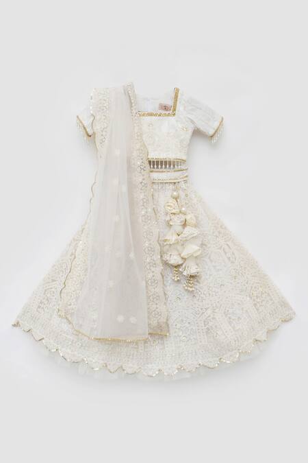 Shop_Fayon Kids_Off White Net, Chanderi Embroidery, Sequins, Beads Floral Lehenga Set _Online_at_Aza_Fashions