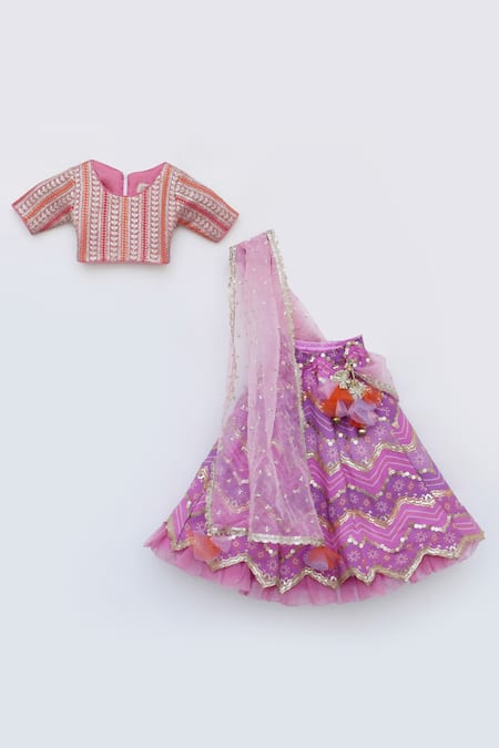 Fayon Kids_Purple Georgette, Organza Gota Patti, Sequins Chevron Bandhej Print Lehenga Set _Online_at_Aza_Fashions