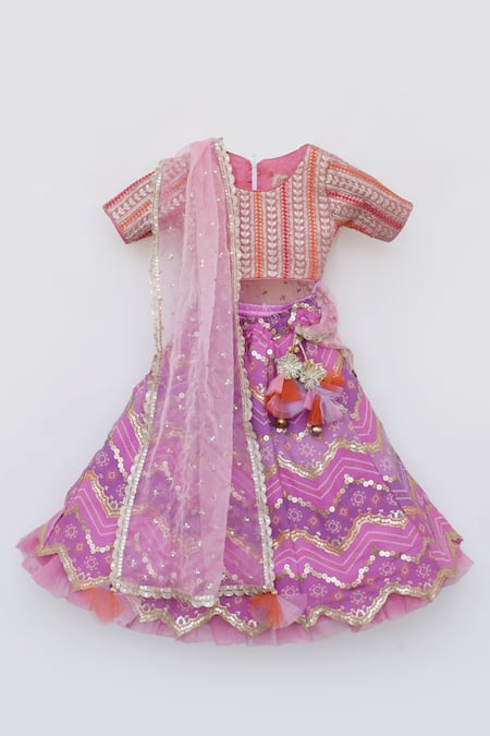 Buy_Fayon Kids_Purple Georgette, Organza Gota Patti, Sequins Chevron Bandhej Print Lehenga Set _Online_at_Aza_Fashions