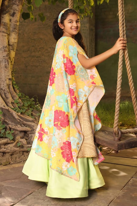 Fayon Kids Green Georgette, Cotton Embroidery, Lace Jumpsuit With Printed Cape Online at Aza Fashions Fayon Kids_Green Georgette, Cotton Embroidery, Lace Jumpsuit With Printed Cape _Online_at_Aza_Fashions