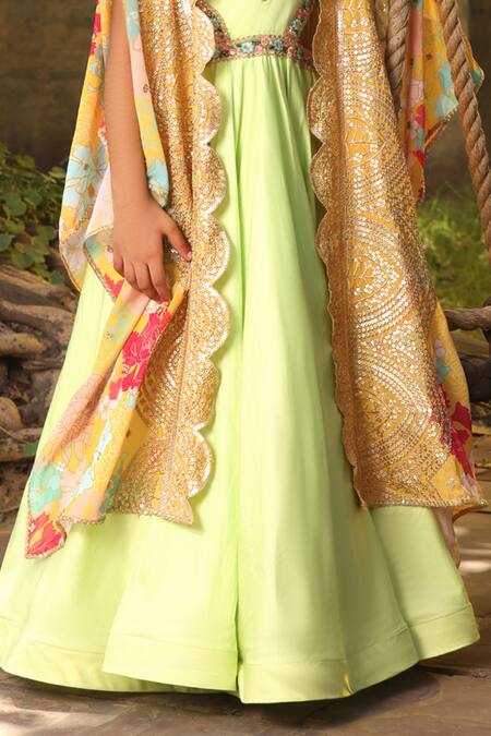 Shop Fayon Kids Green Georgette, Cotton Embroidery, Lace Jumpsuit With Printed Cape Online at Aza Fashions Shop_Fayon Kids_Green Georgette, Cotton Embroidery, Lace Jumpsuit With Printed Cape _Online_at_Aza_Fashions