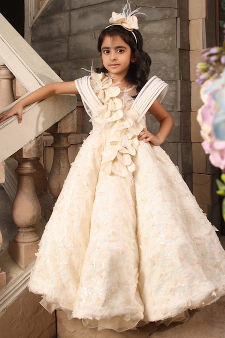 Buy Coral Georgette Solid Pleated One-shoulder Gown For Girls by FAYON KIDS  Online at Aza Fashions.