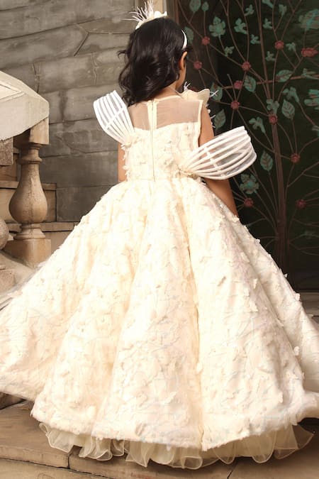 Fayon Kids_Off White Net Sequins, Fabric Flowers Butterfly Gown _Online_at_Aza_Fashions