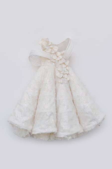 Buy_Fayon Kids_Off White Net Sequins, Fabric Flowers Butterfly Gown _Online_at_Aza_Fashions