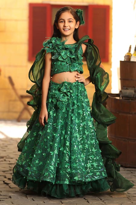 Buy Fayon Kids Pista Green Embroidered Crop Top with Lehenga (Set of 2)  online