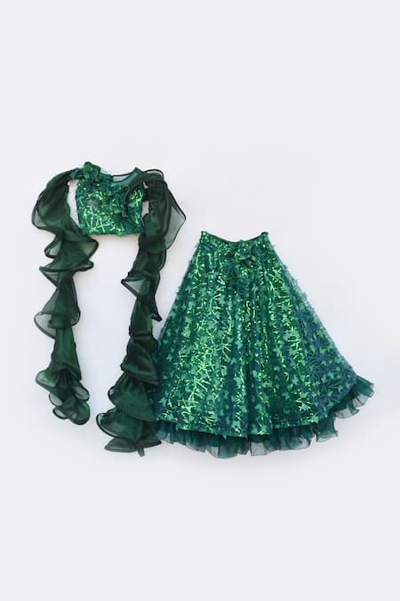 Fayon Kids Green Net Sequins Embroidered Blouse And Lehenga Set Online at Aza Fashions Fayon Kids_Green Net Sequins Embroidered Blouse And Lehenga Set _Online_at_Aza_Fashions