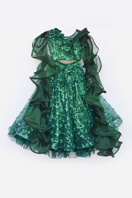 Buy Fayon Kids Green Net Sequins Embroidered Blouse And Lehenga Set Online at Aza Fashions Buy_Fayon Kids_Green Net Sequins Embroidered Blouse And Lehenga Set _Online_at_Aza_Fashions
