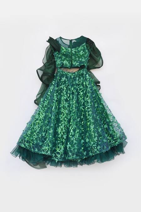 Shop Fayon Kids Green Net Sequins Embroidered Blouse And Lehenga Set Online at Aza Fashions Shop_Fayon Kids_Green Net Sequins Embroidered Blouse And Lehenga Set _Online_at_Aza_Fashions