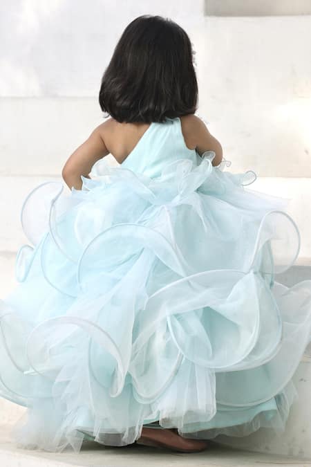 Fayon Kids_Blue Organza Sequins One-shoulder Ruffle Gown _Online_at_Aza_Fashions