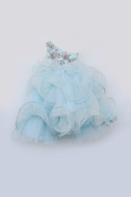 Buy_Fayon Kids_Blue Organza Sequins One-shoulder Ruffle Gown _Online_at_Aza_Fashions