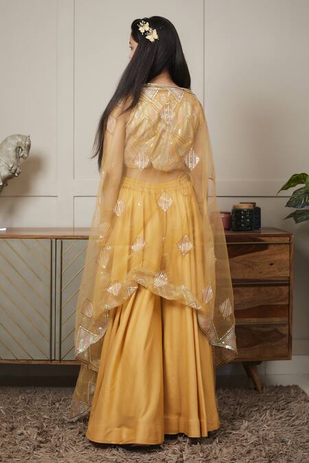 Fayon Kids_Yellow Net, Cotton Sequins Embroidered Cape Pant Set _Online_at_Aza_Fashions