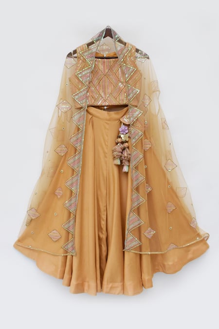 Buy_Fayon Kids_Yellow Net, Cotton Sequins Embroidered Cape Pant Set _Online_at_Aza_Fashions