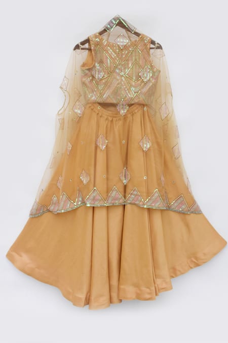 Shop_Fayon Kids_Yellow Net, Cotton Sequins Embroidered Cape Pant Set _Online_at_Aza_Fashions