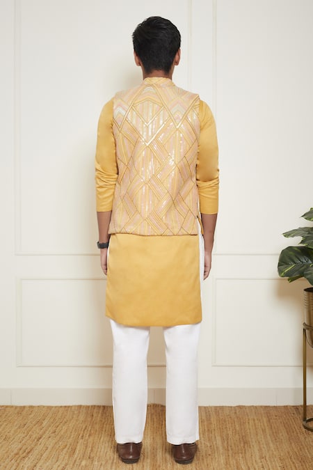 Golden Yellow Silk Dupion Kurta Pyjama Set with Jacket - SGKN2607R |  Embroidered silk, Silk, White silk