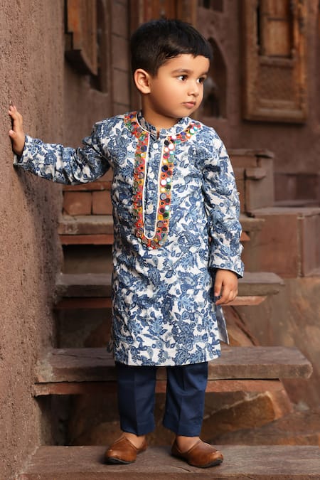 FAYON KIDS Blue Cotton Printed Paisley Kurta And Pant Set 