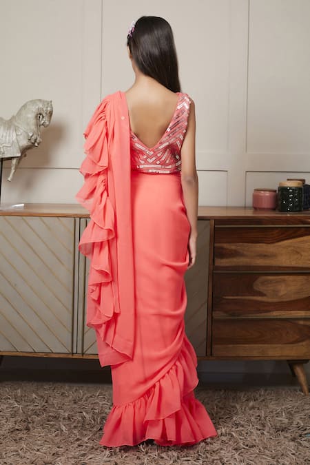 Fayon Kids Pre-Stitched Saree With Embroidered Blouse 