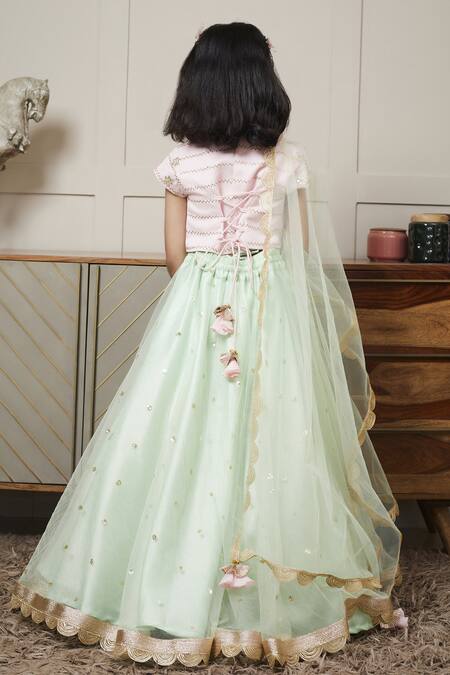 Shop Fayon Kids Green Net, Denim Sequins Embroidered Blouse And Lehenga Set at Aza Fashions Shop_Fayon Kids_Green Net, Denim Sequins Embroidered Blouse And Lehenga Set _at_Aza_Fashions