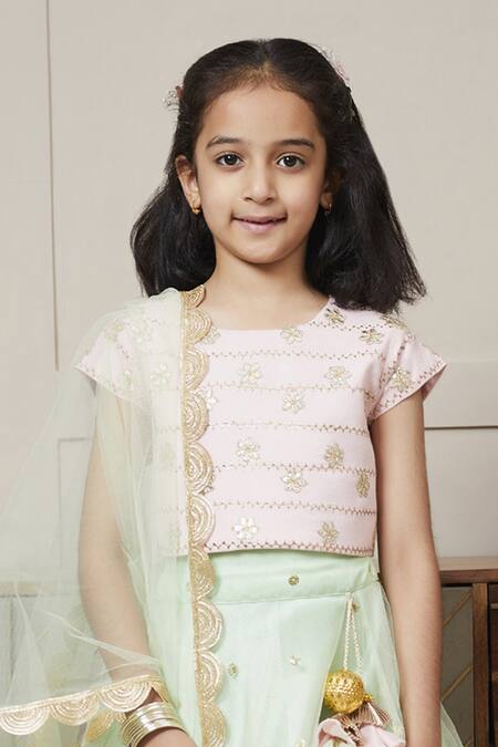 Fayon Kids Green Net, Denim Sequins Embroidered Blouse And Lehenga Set Online at Aza Fashions Fayon Kids_Green Net, Denim Sequins Embroidered Blouse And Lehenga Set _Online_at_Aza_Fashions