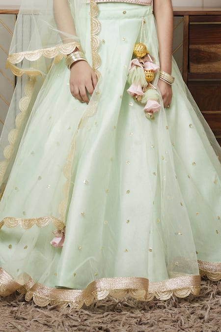 Buy Fayon Kids Green Net, Denim Sequins Embroidered Blouse And Lehenga Set Online at Aza Fashions Buy_Fayon Kids_Green Net, Denim Sequins Embroidered Blouse And Lehenga Set _Online_at_Aza_Fashions
