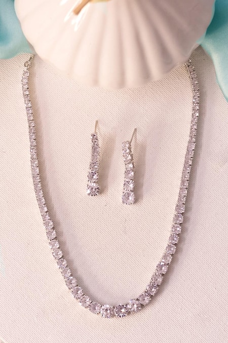 Shop Ishhaara Silver Plated Crystals Zirconia Studded Necklace Set at Aza Fashions Shop_Ishhaara_Silver Plated Crystals Zirconia Studded Necklace Set _at_Aza_Fashions
